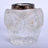 A RARE EDWARDIAN SILVER MOUNTED GLASS INKWELL formed as an owl. 7 cm x 7 cm.