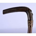 A 19TH CENTURY MIDDLE EASTERN CARVED RHINOCEROS HORN HANDLED WALKING CANE. 88 cm long.