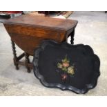 AN OAK GATELEG TABLE and a lacquer tray. 115 cm x 74 cm x 88 cm extended. (2)