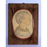 A 19TH CENTURY EUROPEAN CARVED TERRACOTTA BUST OF A MALE modelled upon a velvet base. Portrait 19 cm