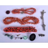 AN ART DECO CORAL NECKLACE together with a jet brooch etc. (qty)