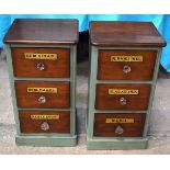 A SMALLER CHARMING PAIR OF GREEN PAINTED ANTIQUE APOTHECARY CHESTS with prism cut handles. 67 cm x 3