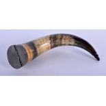 AN ANTIQUE PEWTER MOUNTED POWDER HORN. 30 cm long.