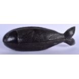 AN EARLY 19TH CENTURY CARVED TREEN FISH BOX AND COVER of naturalistic form. 27 cm wide.