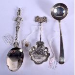 AN EARLY 19TH CENTURY IRISH SILVER LADLE together with two antique silver spoons. 154 grams. (3)