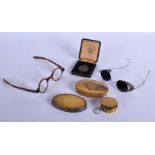 TWO ANTIQUE ENGLISH SNUFF BOX COVERS together with spectacles etc. (6)