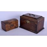 A GEORGE III CARVED OAK STATIONARY DESK BOX together with a smaller Victorian tunbridgeware box. Lar