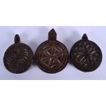 THREE ANTIQUE TREEN CARVED WOOD BISCUIT BUTTER MOULDS. Largest 15 cm x 10 cm. (3)