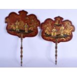 A CHARMING PAIR OF 18TH/19TH CENTURY COUNRY HOUSE CHINOISERIE LACQUERED FANS decorated with figures