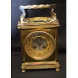 AN ANTIQUE FRENCH BRASS CARRIAGE CLOCK with barometer. 25 cm x 15 cm inc handle.