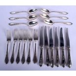 A LOVELY SET OF ART NOUVEAU FRENCH SILVER CUTLERY decorated with flowers. 1198 grams. Largest 25 cm