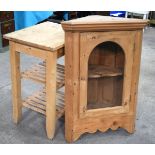 A PINE HANGING CORNER CUPBOARD and a butchers block. Largest 100 cm x 52.5 cm. (2)