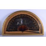 A FRAMED 19TH CENTURY FRENCH PAINTED TORTOISESHELL AND LACE FAN painted with figures within landscap