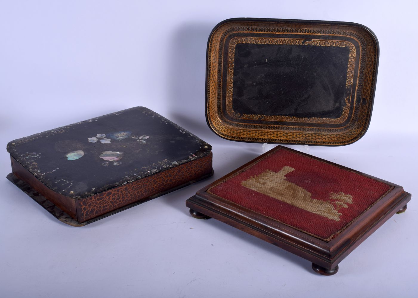 A VICTORIAN PAPIER MACHE BOOK FORM STORAGE BOX AND COVER together with a lacquer tray & a square for