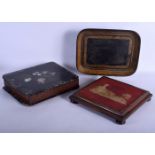 A VICTORIAN PAPIER MACHE BOOK FORM STORAGE BOX AND COVER together with a lacquer tray & a square for