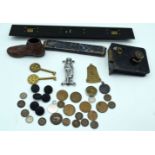 Miscellaneous group, drawing rule, lock, pottery shoe, coinage, buttons etc (Qty).