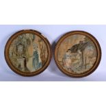 A PAIR OF 18TH CENTURY ENGLISH EMBROIDERED SILK STUMP WORK PANELS depicting a figure by a tomb and a