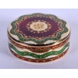A FINE 18CT GOLD AND ENAMEL ENGLISH BOX AND COVER. 44 grams. 4.5 cm diameter.