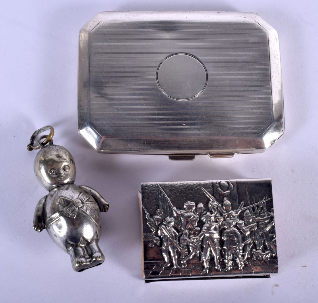 AN ART DECO SILVER CIGARETTE CASE together with a silver matchbox holder etc. Birmingham 1918. 144 g