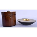 AN ANTIQUE MAHOGANY SINGLE DIVISION TEA CADDY together with a stylish mid century bowl. Largest 15.5