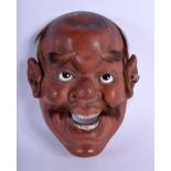 A 19TH CENTURY JAPANESE MEIJI PERIOD CARVED AND LACQUERED NOH MASK modelled with glass eyes. 18 cm x