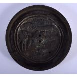 AN 18TH CENTURY JAPANESE EDO PERIOD BRONZE HAND MIRROR decorated with mythical beasts and landscapes