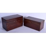 TWO ANTIQUE MAHOGANY TEA CADDIES one with fitted interior. Largest 30 cm x 20 cm. (2)