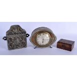 AN ANTIQUE MIDDLE EASTERN SPICE BOX together with a clock & weights set. (3)