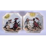 A RARE PAIR OF ART DECO GERMAN MUSTERSCHUTZ POTTERY PLATES painted with figures upon a Caribbean bea