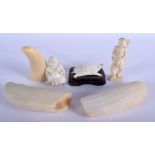 A 19TH CENTURY CARVED IVORY FIGURE OF A BUDDHA etc. Largest 9 cm wide. (6)