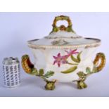 A LARGE 18TH CENTURY CONTINENTAL TWIN HANDLED PORCELAIN TUREEN AND COVER painted with flowers. 32 cm