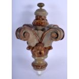 A 19TH CENTURY POLYCHROMED WOOD CROWN FORM FINIAL decorated with acanthus. 30 cm x 18 cm.