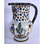 AN ANTIQUE FRENCH FAIENCE TIN GLAZED POTTERY PUZZLE JUG painted with figures within a landscape. 22