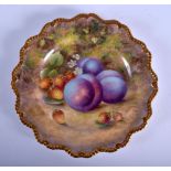 Royal Worcester plate with gadroon border painted with plums and strawberries by H. Ayrton, signed,