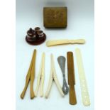 A vintage cruet set, bone hair ties,miniture dominoes, wooden box etc (Qty)