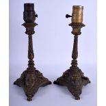 A PAIR OF 19TH CENTURY FRENCH EGYPTIAN REVIVAL CANDLESTICKS converted to lamps. Lamp 23 cm high.