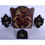 A VICTORIAN PAPIER MACHE RED LACQUERED HANGING STAND together with three other similar items. 40 cm