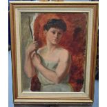 British School (Early 20th Century) Oil on canvas, Female before the red drapes. Image 42 cm x 34 cm