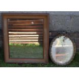 AN ANTIQUE MIRROR together with velvet line mirror. 65 cm x 50 cm. (2)