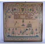 A LARGE 19TH CENTURY ENGLISH FRAMED EMBROIDERED SAMPLER by Anne Butler, decorated with birds and lan