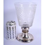 A LARGE EARLY 20TH CENTURY ENGLISH CUT CRYSTAL GLASS GOBLET VASE with silver plated rim. 22 cm x 8 c