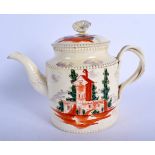 AN 18TH CENTURY LEEDS CREAMWARE TEAPOT AND COVER painted with landscapes, the handle of entwined for