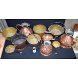 A vintage collection of large Copper and brass kitchen items jugs, pots, kettles 31cm (11)
