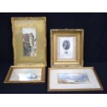 A Framed watercolour by J W Ferguson together with two other watercolours and a Lithograph. 16 x25cm