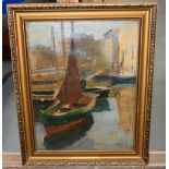 Arnold Mason (1885-1963) Oil on canvas, Boats in the harbour. Image 30 cm x 24 cm.