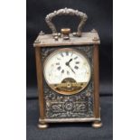 AN UNUSUAL ANTIQUE EMBOSSED CARRIAGE CLOCK decorated with figures. 11 cm high inc handle.