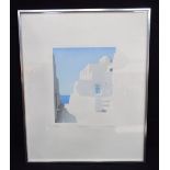 A framed print by Ricardo Worpson of a scene on a Greek Island 27 x 23cm.