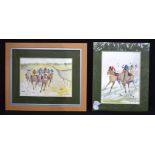 A framed watercolour by Susan Shaw of a horse racing scene together with another 27 x 38cm (2)