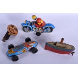 A RARE MARKILIN TIN PLATE WIND UP BOAT together with three other wind up tin toys. Largest 14 cm x 1