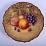 Royal Worcester plate with gadroon border painted with peaches a raspberry and grapes by H. Ayrton,